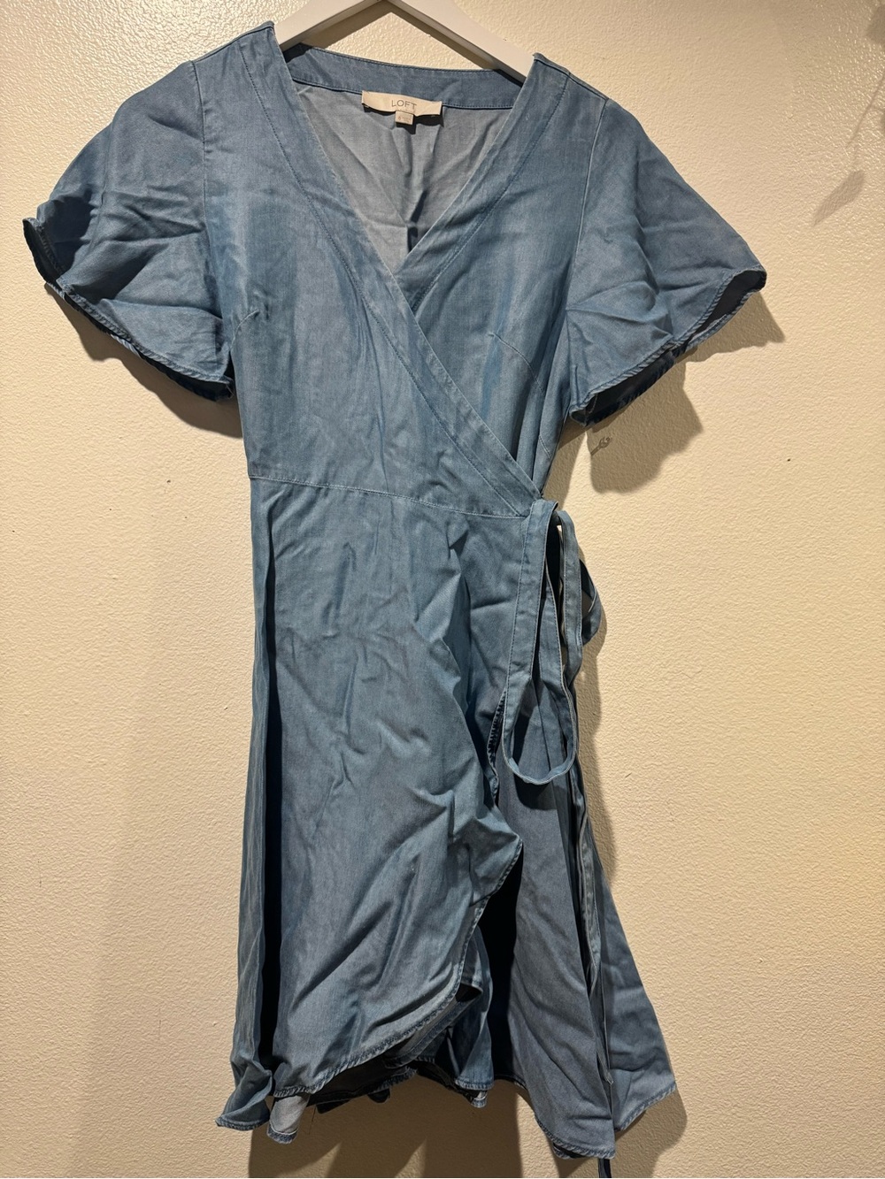 LOFT Light Blue Denim-Effect Wrap Dress with Flutter Sleeves